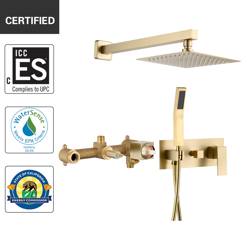 Complete Shower System with Rough in-Valve, Brushed Gold