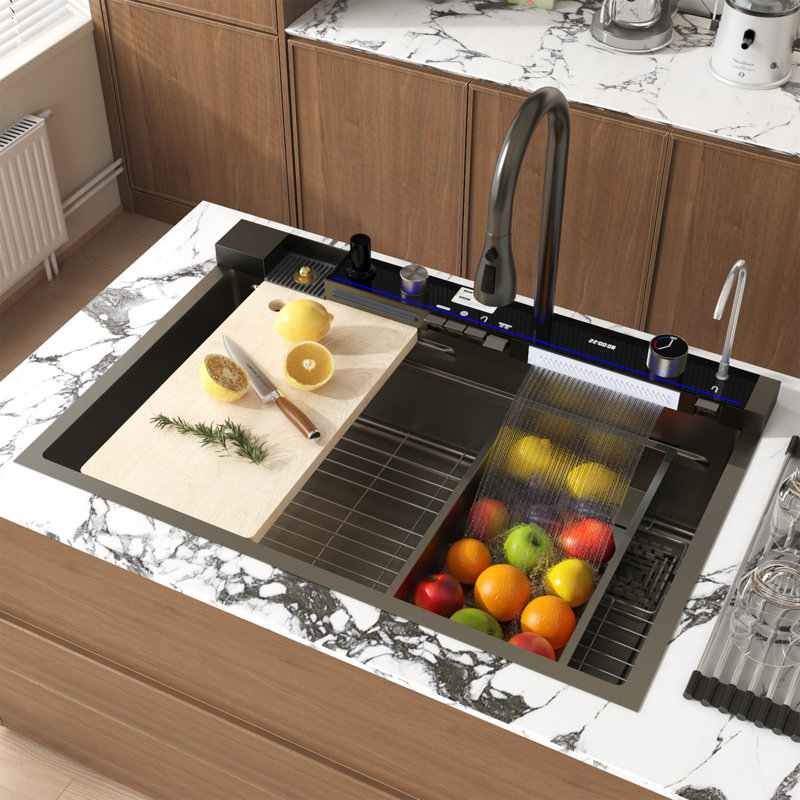 Drop-In Single Bowl Stainless Steel Kitchen Sink With Pull-Down Faucet And Cutting Board And Grid