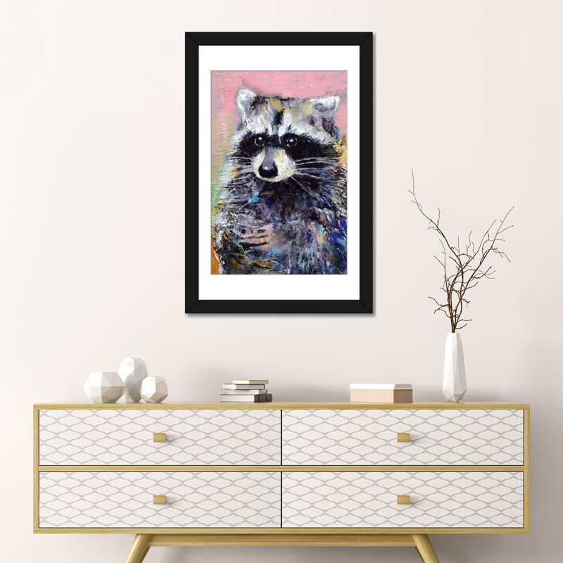 « raton laveur », reproduction d’art sur toile, H 24 po x l 16 po x P 1 po, Papier d'art encadré noir, Blanc