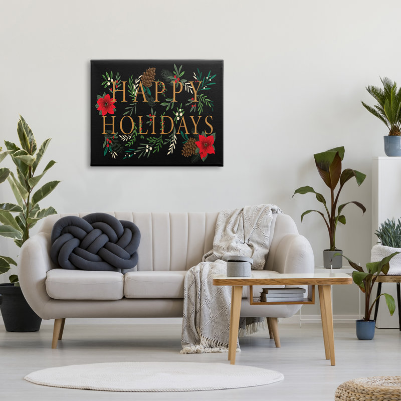 Joyeuses fêtes, accueil, typographie festive, feuillage d'hiver encadré, art texturé noir par Heather Mclaughlin