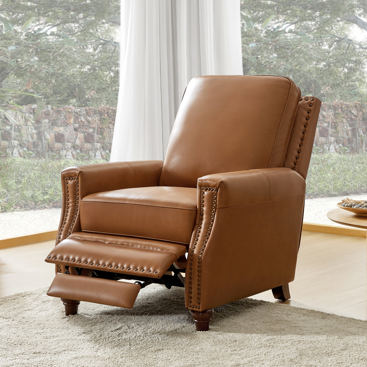 Andrena 33" Genuine Leather Manual Recliner, Camel Top Grain Leather