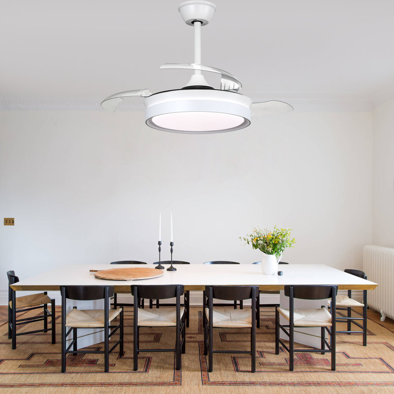 Gerede 36" Retractable Ceiling Fan with Light, Modern Bladeless Ceiling Fan with Remote, White with Clear Blades