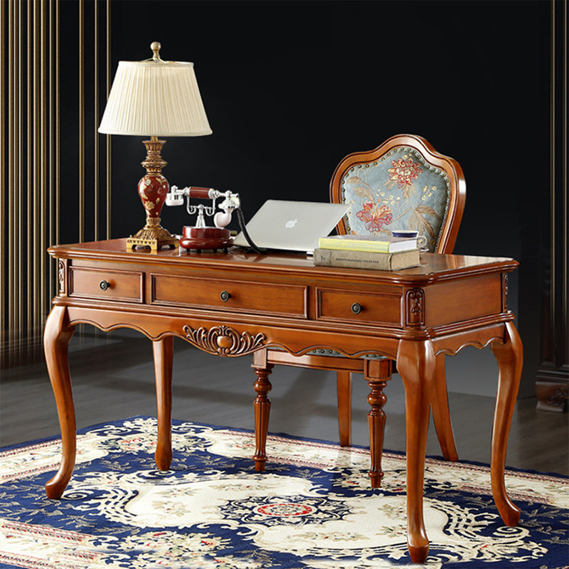 Bureau rectangulaire en bois massif et bois manufacturé châtaignier avec 3 tiroirs, H 30,71 po x l 51,18 po x P 23,62 po