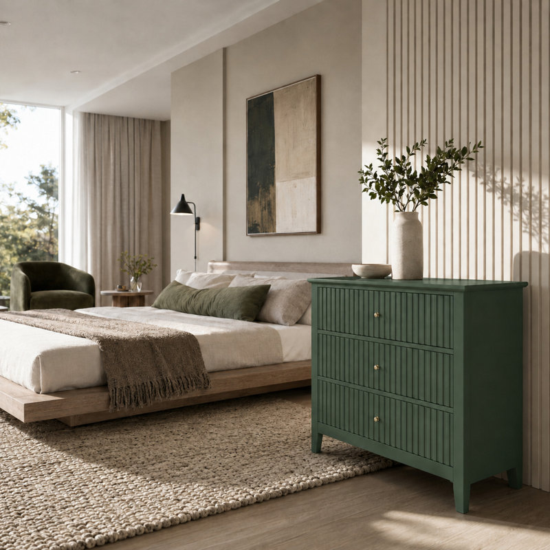 Commode 3 tiroirs 32 "avec façades cannelées, Green