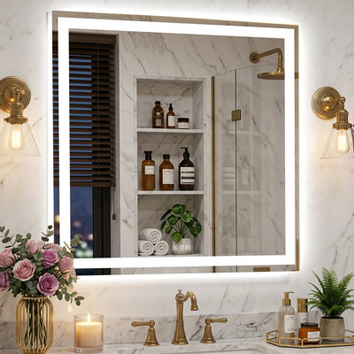 Led Rectangular Frontlit&backlit Wall Mount Mirror Anti-fog Dimmable Bathroom  Vanity Mirror Adjustment Three Color Temperature