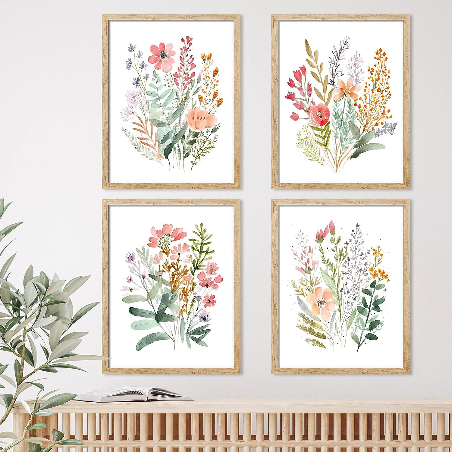 IDEA4WALL Framed Colorful Wildflower Forest Bouquet Wall Art, Set Of 4 ...