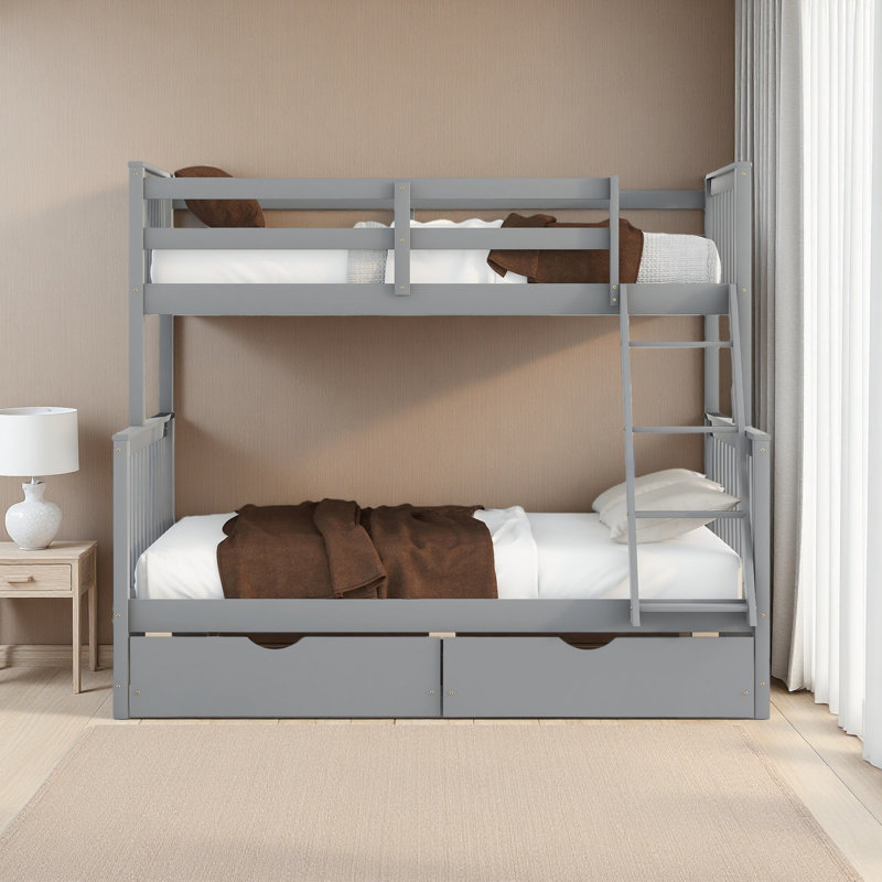 Twin-Over-Full Bunk Bed With Ladders And Two Storage Drawers, Grey