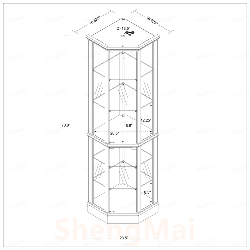 Vitrine de coin à 6 tablettes avec tablettes réglables en verre trempé et dossier en miroir élégant, parfait pour exposer des objets de collection et économiser de l'espace