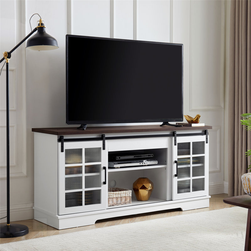 Meuble télé spacieux avec portes coulissantes en verre et tablettes réglables pour le divertissement à domicile organisé