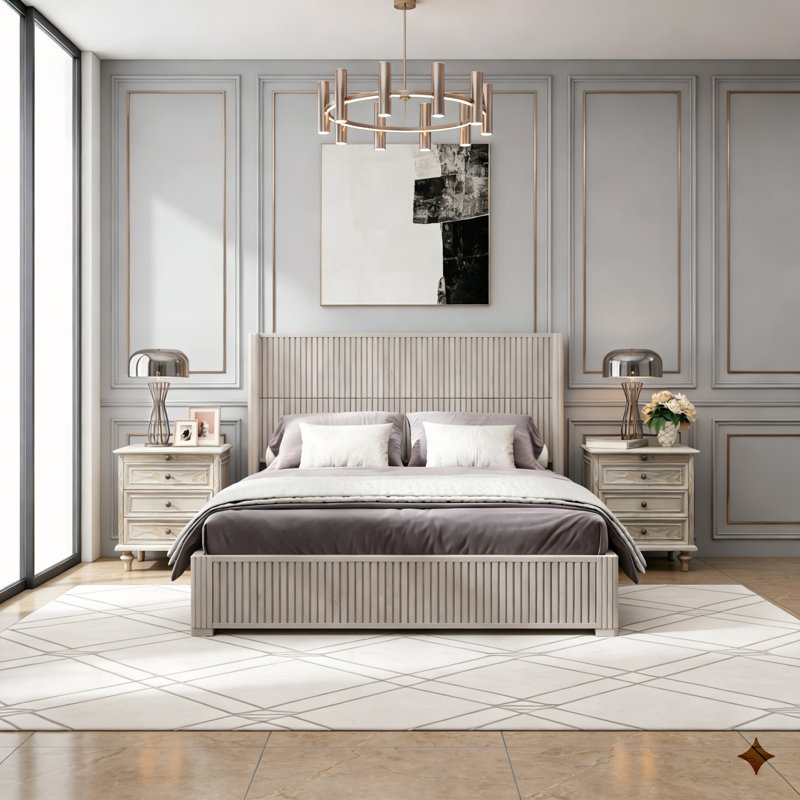 Queen Size Platform Bed With Headboard, Beige, Queen