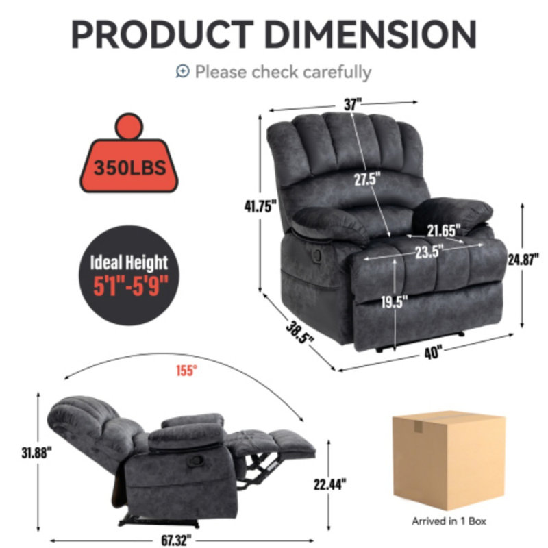 Oversized Manual Recliner Chair - Plush Fabric Upholstery With Smooth Recline Mechanism - Comfortable Lounge Chair For Living Room & Home Theater