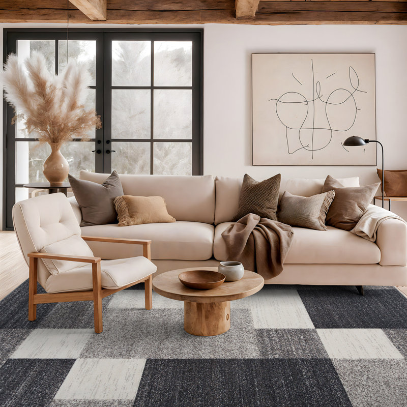 Akieba Geometric Tufted Gray/Black/Ivory Non-Slip Rubberback Area Rug, Rectangle 7'10" x 10'