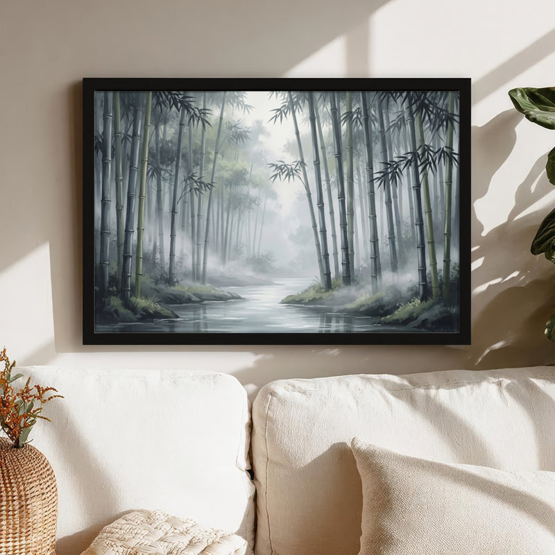 Toile noire encadrée en bois noir pour salon, chambre à coucher, bureau ou vestibule - décoration murale décorative avec forêt de bambous