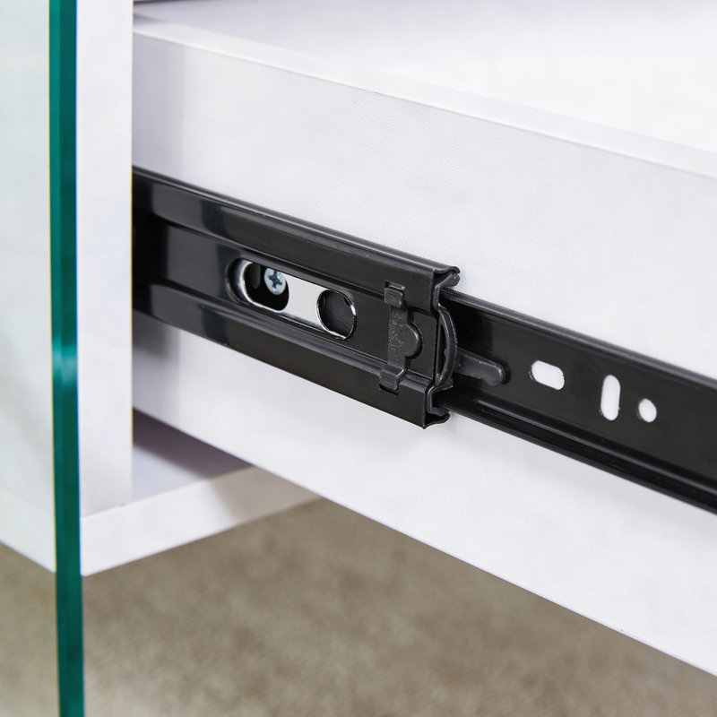 Double-drawer bedside table. The board surface is MDF with grain sticker, and both sides are transparent tempered glass. The design is simple and elegant, with excellent storage functions