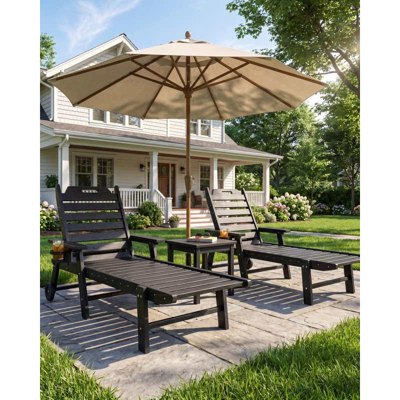 Ensemble de 2 chaises longues d'extérieur en PEHD avec porte-gobelet - Dossier réglable à 5 positions - Résistantes aux intempéries - Idéales pour la piscine, la terrasse ou le jardin - Noir