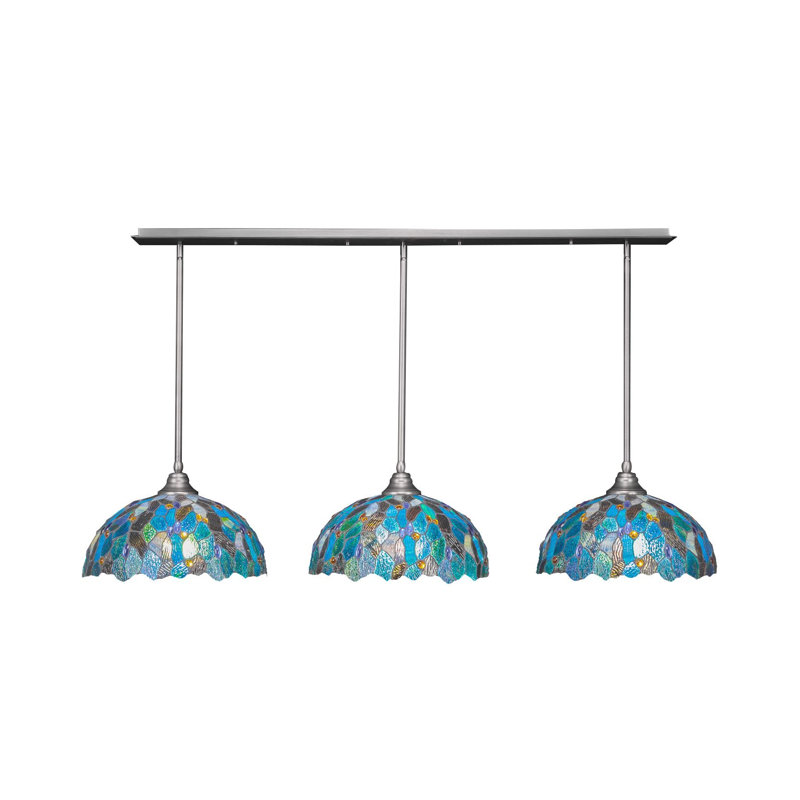 3 Light Stem Hung Linear Pendalier Shown With 16" Blue Mosaic Art Glass, Brushed Nickel