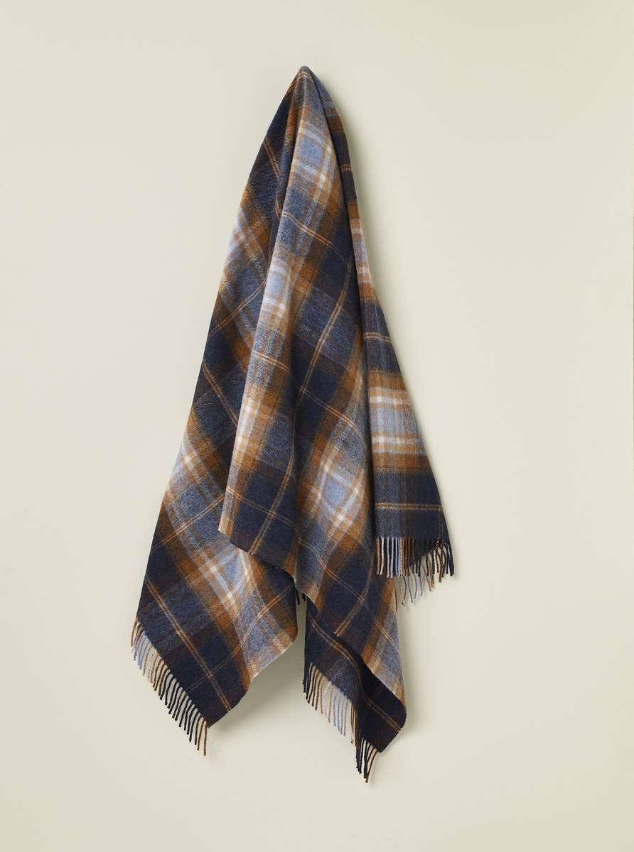 Merino Lambswool Throw/Blankets Hand Woven Blanket, Blue/Orange/Navy Checkered