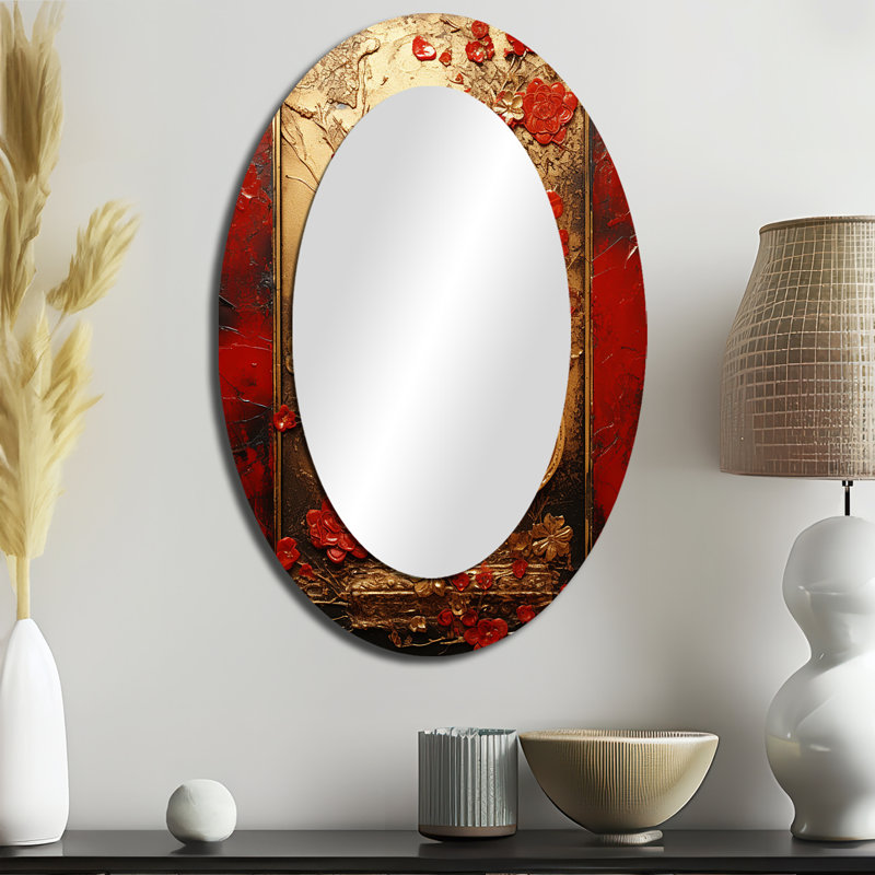 God And Red Floral Japanese Tiles III - Gold Oval Wall Mirror Decor, 36" H x 24" W
