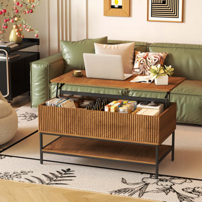 Table basse à plateau relevable Farmhouse 39,4 pouces - brun rustique avec rangement caché et tablette inférieure - Pieds en acier robustes pour le salon
