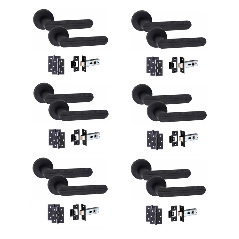 6 Pairs Modern Lima Knurled Design Premium Door Handles on Round Rose, Matte Black
