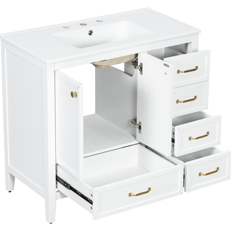 Meuble-lavabo 36 po avec lavabo en céramique, structure en pin massif, finition blanche, tiroirs, solution de rangement multiple pour 36 po en blanc, avec bois, conception lisse, 4 tiroirs
