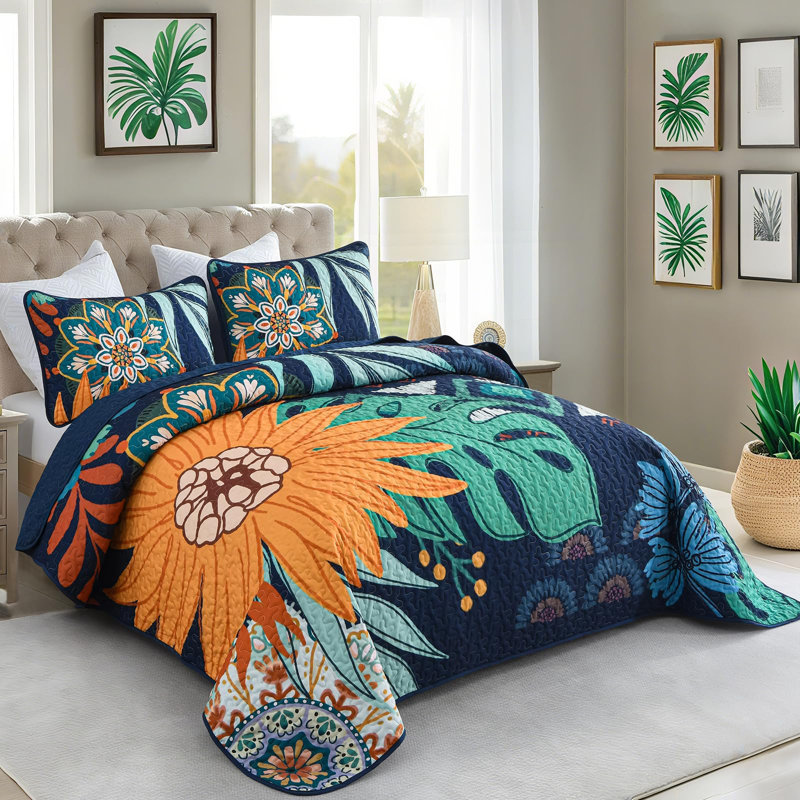 Ensemble de courtepointe à motif floral 3 pièces Boho, Courtepointe pour lit grand + deux taies décorati, Marine