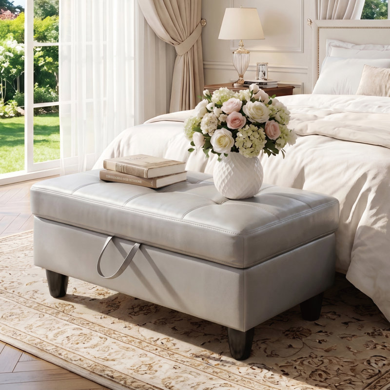 Rectangular Storage Ottoman Bench With Hinged Lid, Faux Leather Footrest For Living Room, Bedroom, Entryway, Light Gray, 35"X23.5"X17.5"