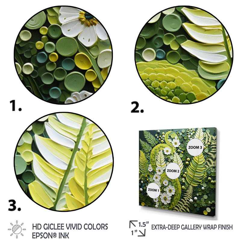 Fougères vert clair plante fantaisiste spirales I - fougères, art mural, H 30 po x l 30 po x P 1 po, Toile tendue