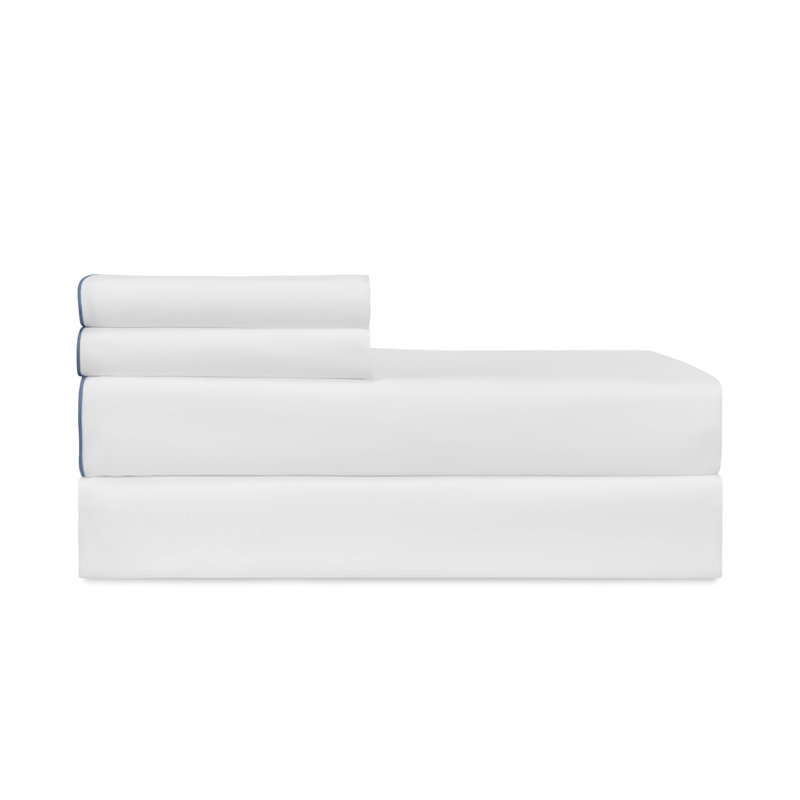 Arlo Percale Sheet Set, White/Azure, King Sheet Set with 2 King Pillowcases