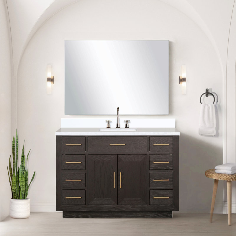 Meuble-lavabo simple en chêne 48 po X P 22 po D, plateau en quartz blanc et ensemble de robinet, Doré, Brun