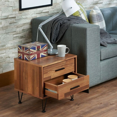Table de chevet en noyer avec pieds en métal et deux tiroirs fonctionnels dans le dessus de la chambre à coucher 2