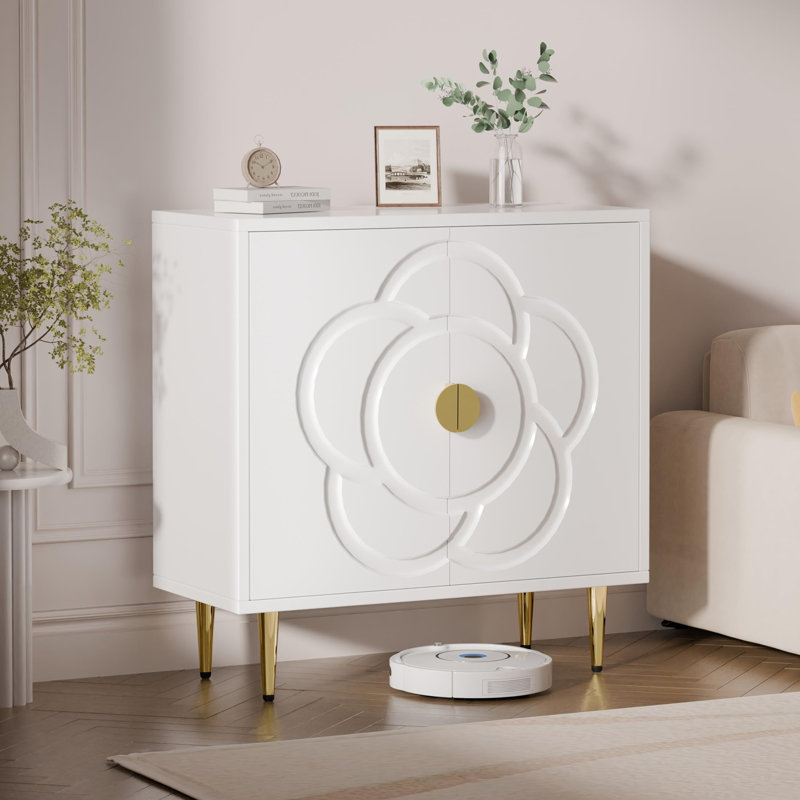 White MDF Storage Cabinet with Gold Legs and Floral Pattern