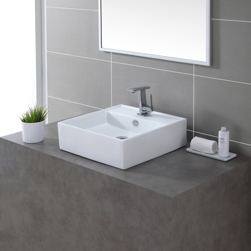White Ceramic Square Vessel Bathroom Sink with Overflow, Chrome