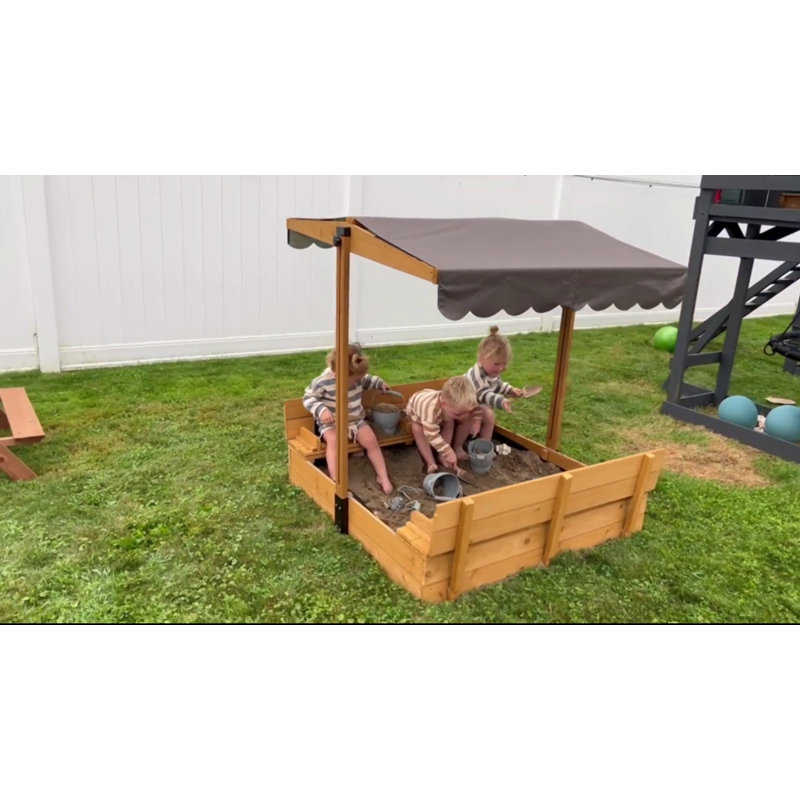 Large Wooden Sandbox with Adjustable Canopy and Toy Bin Storage