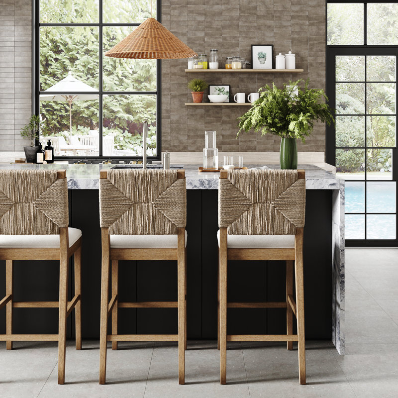 Beacon 29" Light Brown Rubberwood Bar Stool with Cream Boucle Seat