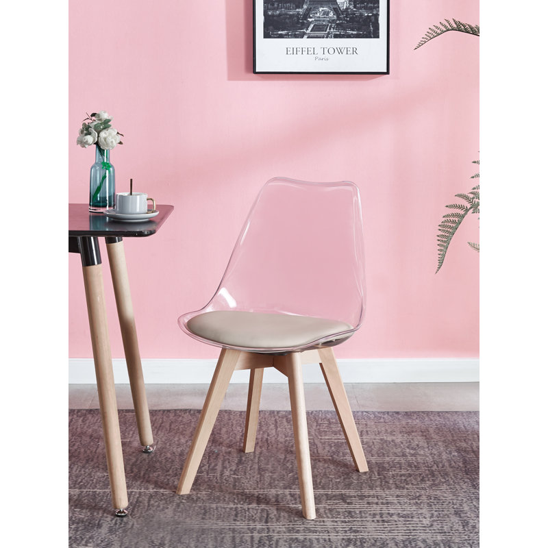 Ensemble de 4 chaises transparentes Shanae avec pieds en bois et siège Bouclé, Beige