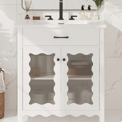 Meuble-lavabo de 31 po Wurster avec faux tiroir, verre griffé et fonction de fermeture en douceur pour un entretien facile Lavabo en céramique lisse de 31 po, portes et pieds en bois d'hévéa