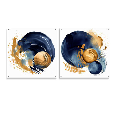 «Dark Blue & Gold Abstract Circle Texture I», ensemble de 2 peintures murales abstraites géométriques en acrylique