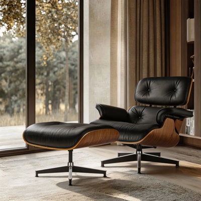 Fauteuil inclinable Mid-Century en cuir véritable avec repose-pieds en bois massif