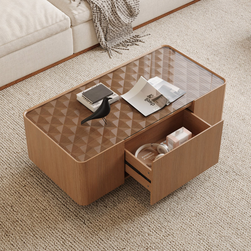 Table basse moderne avec plateau en verre de 46,8 po, table centrale rectangulaire avec tiroirs de rangement cachés pour le salon, table basse de rangement contemporaine avec base stable pour appartement