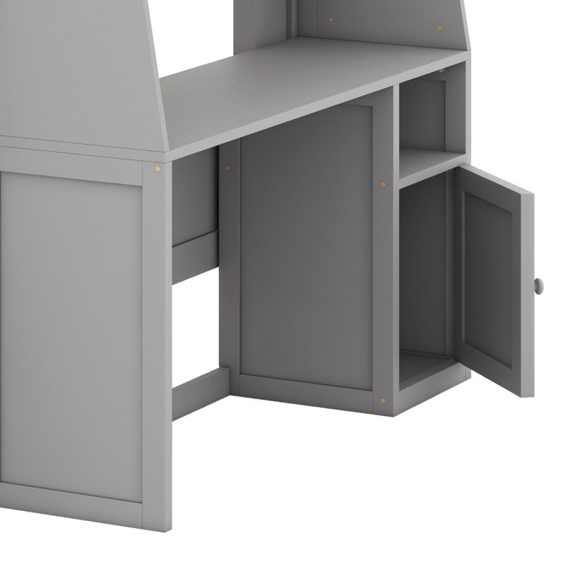 Space-Saving Bunk Bed with Desk, Shelves and Drawer, Gray