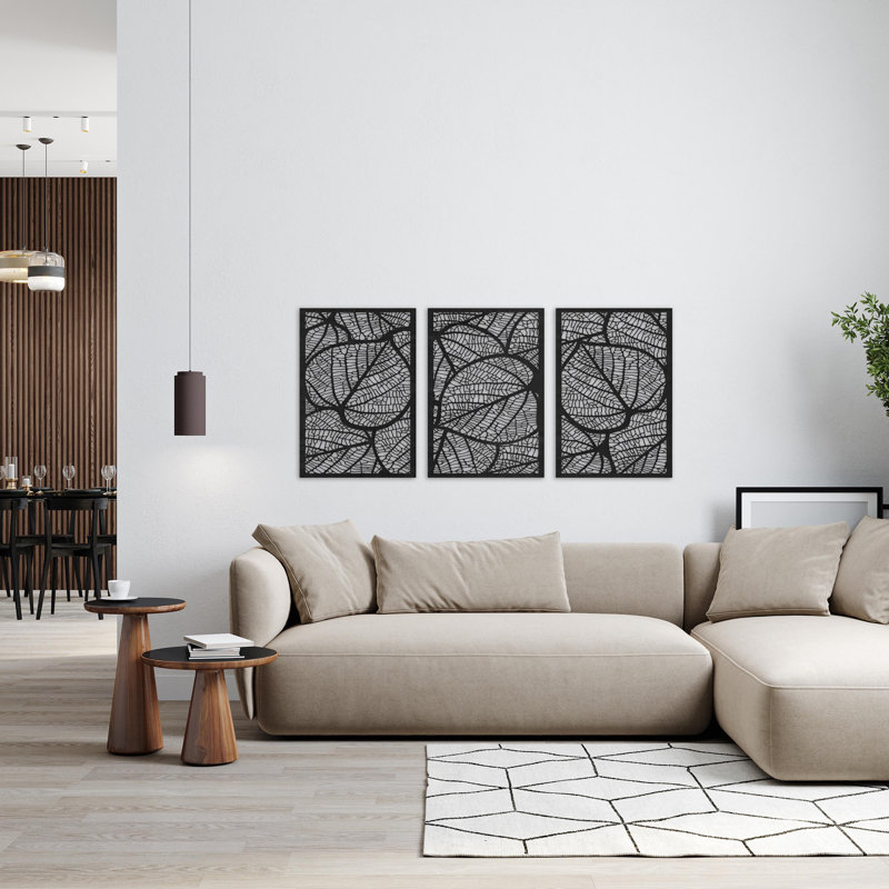 Trois arts muraux abstraits avec découpes détaillées - ACM, Noir, H 15 po x l 32 po x P 0,25 po