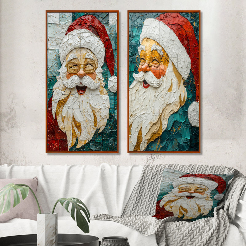 «Santa's Christmas Jolly Laugh I» - ensemble d'art mural de Noël père Noël 2 pièces, H 28 po x l 24 po, Cadre flottant brun