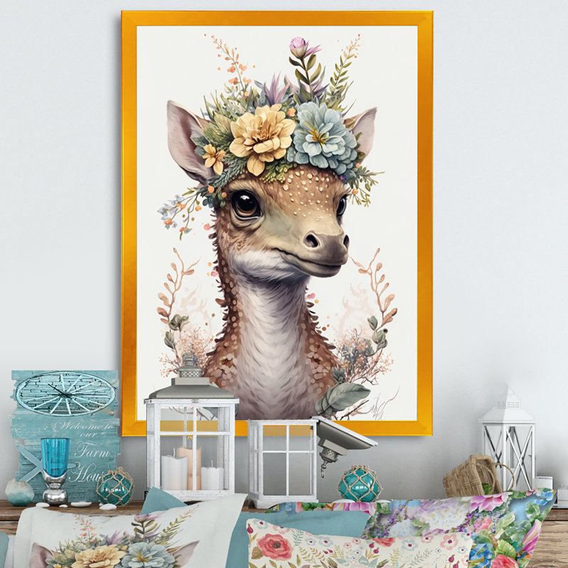 Mignon bébé dinosaure avec couronne florale - cadre flottant, impression sur toile, Toile avec cadre photo doré