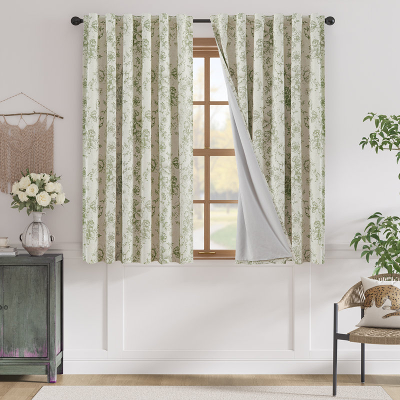 Linen Blackout Peony Flower Printed Rod Pocket Curtain Pair, Green, 50" W x 63" L