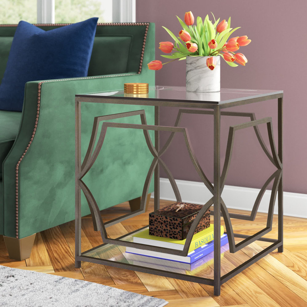 Benson Edward Glass End Table with Storage - Modern Glam Square Side Table – Tempered Glass Top with Steel Frame for Living Room or Bedroom Etta Avenue™ 