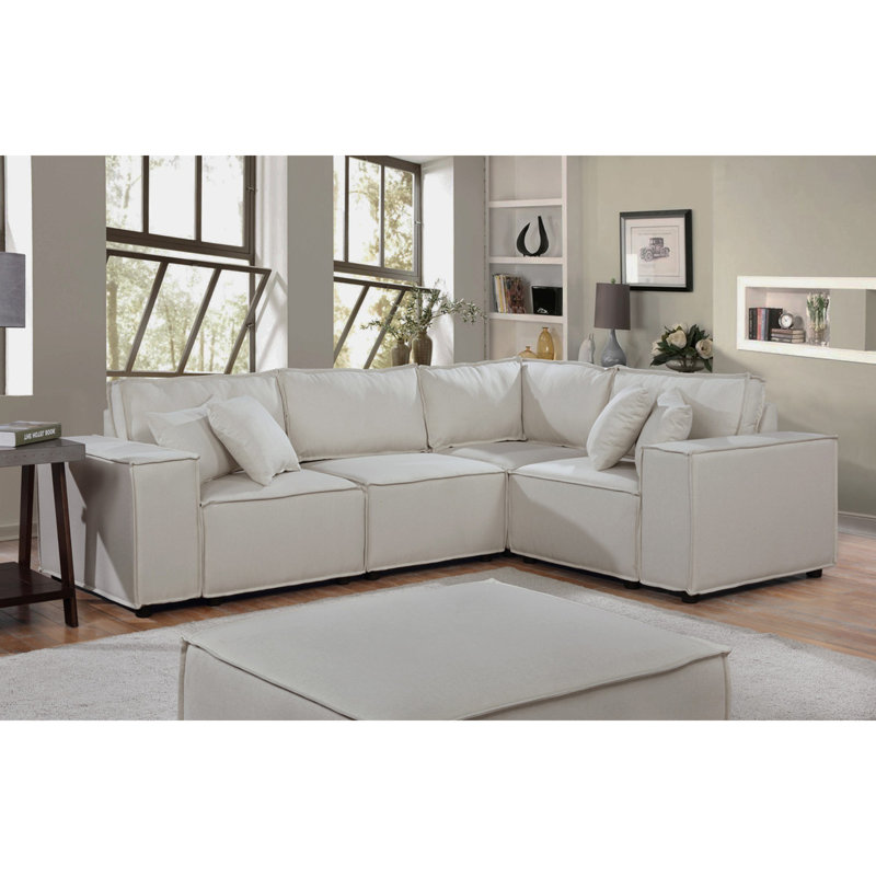 Canapé modulaire de 99 po avec repose-pieds en lin beige Melrose, Lin beige