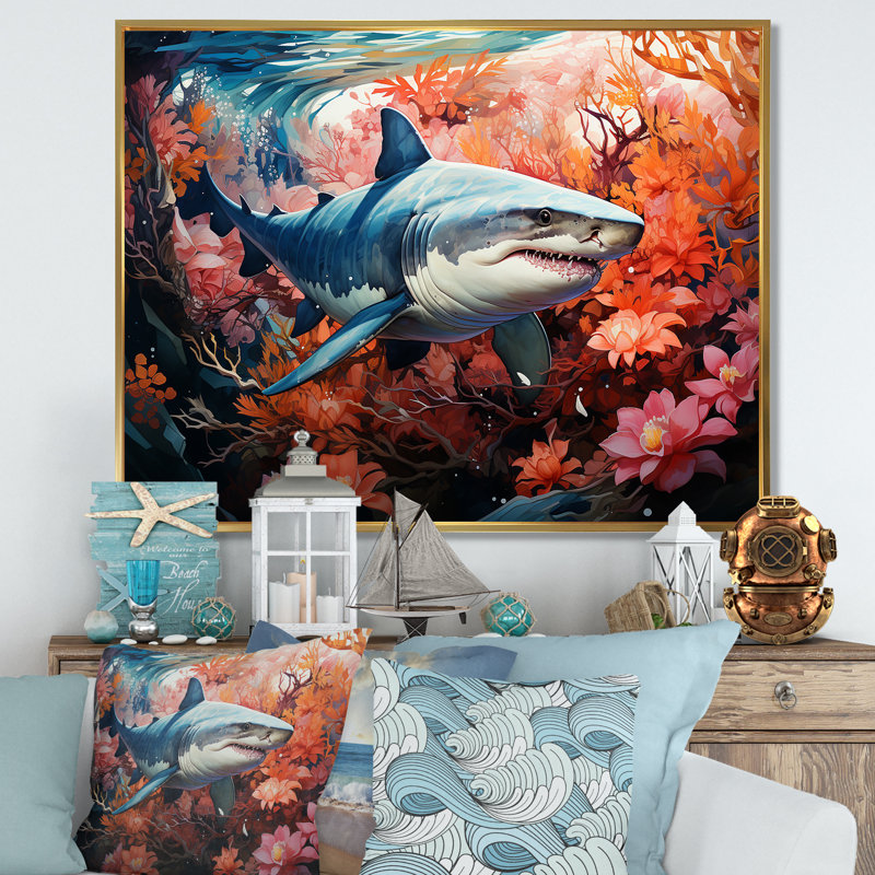 " Lemon Shark Encounter Landscape ", Gold Floater Framed, 16" H x 32" W x 1" D