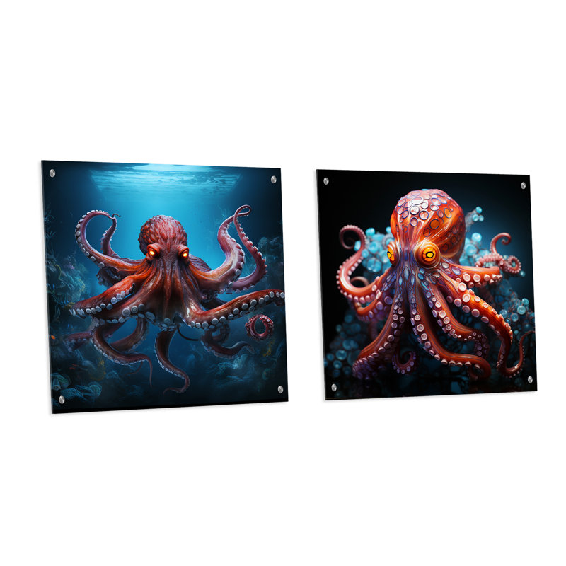 Cosmic Art Style Octopus - Ensemble de 2 verres muraux en acrylique, H 16 po x l 33 po