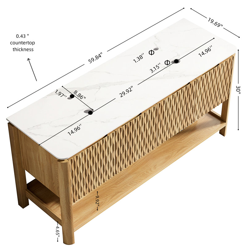Meuble-lavabo autoportant de 152 cm (60 po), comptoir en pierre frittée blanche, aspect chêne brun, construction en contreplaqué multicouche, portes pleines 3D, armoire à double porte à fermeture amortie pour le rangement